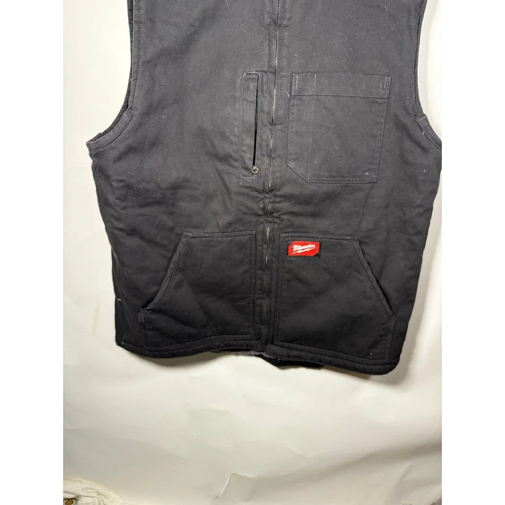 Milwaukee Workwear Black Sherpa Lined Canvas Vest Men's Size XL Full Zip Pockets - Picture 3 of 10